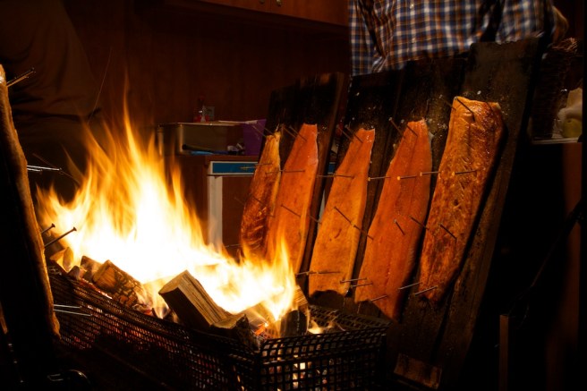 Flammlachs (flame salmon) at the Weihnachtsmarkt - Bonn, Germany